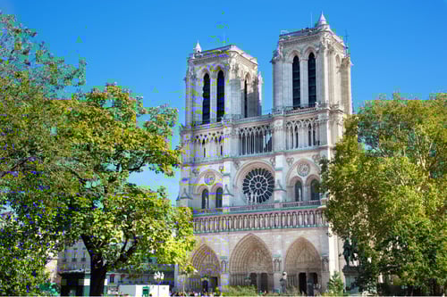 Fachada principal de la Catedral de Notre Dame en París, con sus torres góticas y árboles alrededor en un día soleado