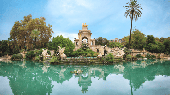 Vista del Parque de la Ciutadella en Barcelona con zonas verdes, la fuente monumental y visitantes disfrutando del entorno al aire libre.